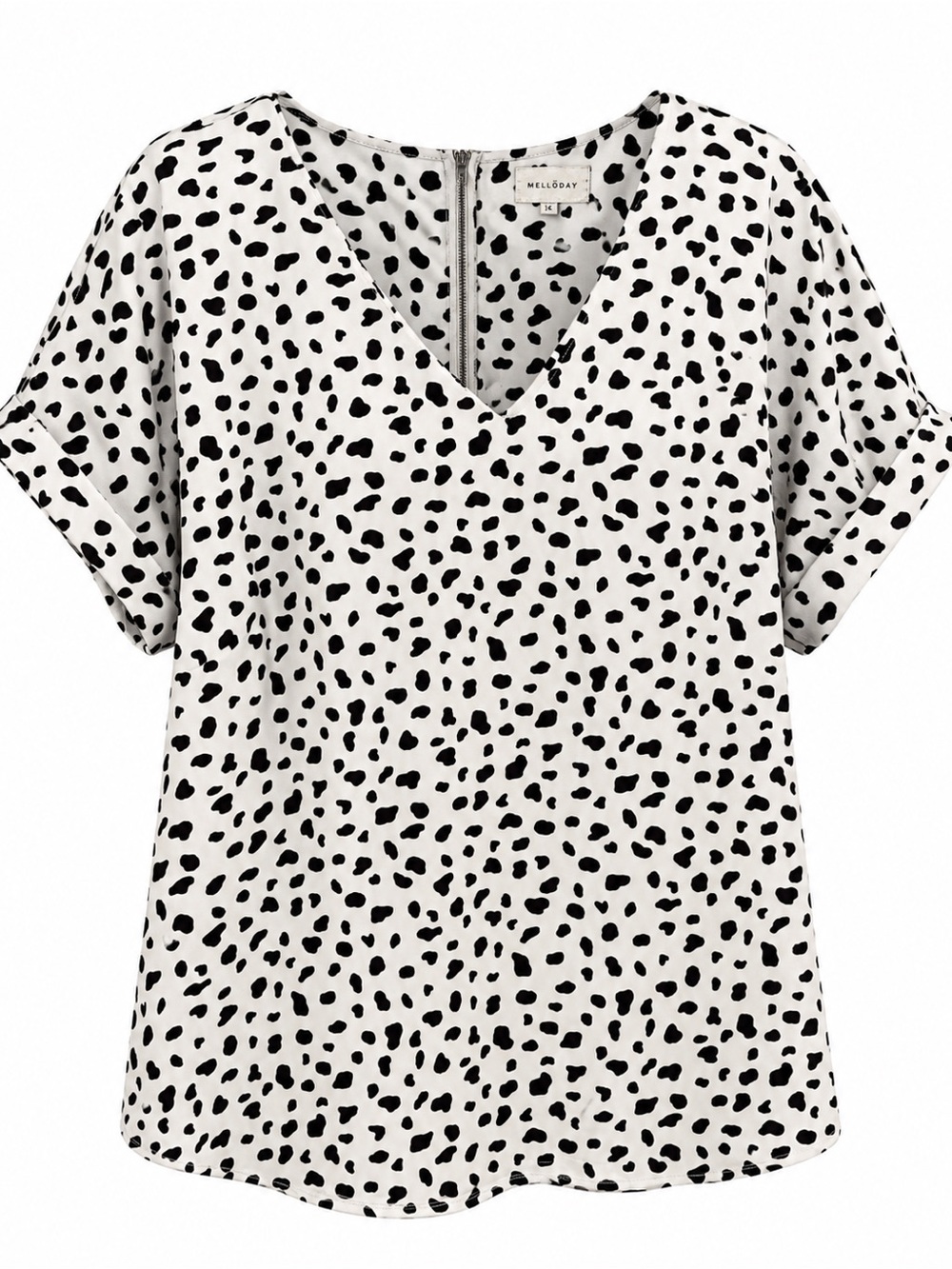 Melloday 1X Black & White Dalmatian Spot V-Neck Blouse Plus Size Animal Print To